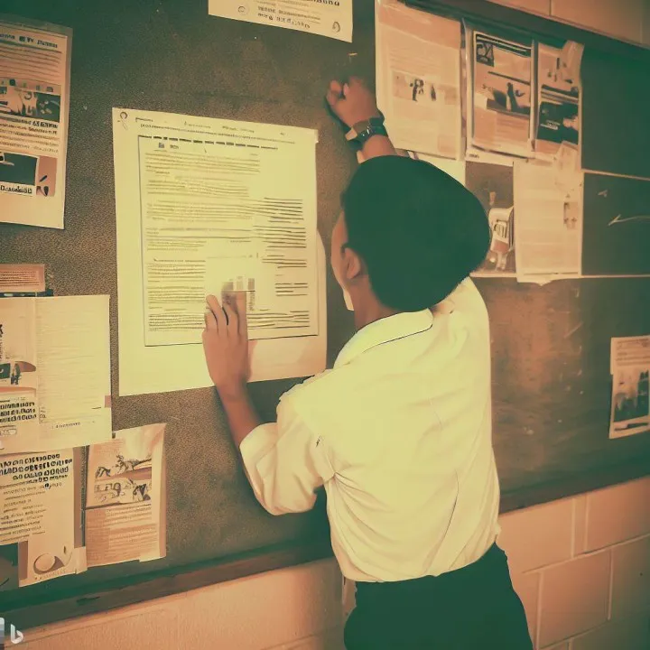 AI-generated photo - Posting up my article on a bulletin board in classroom
